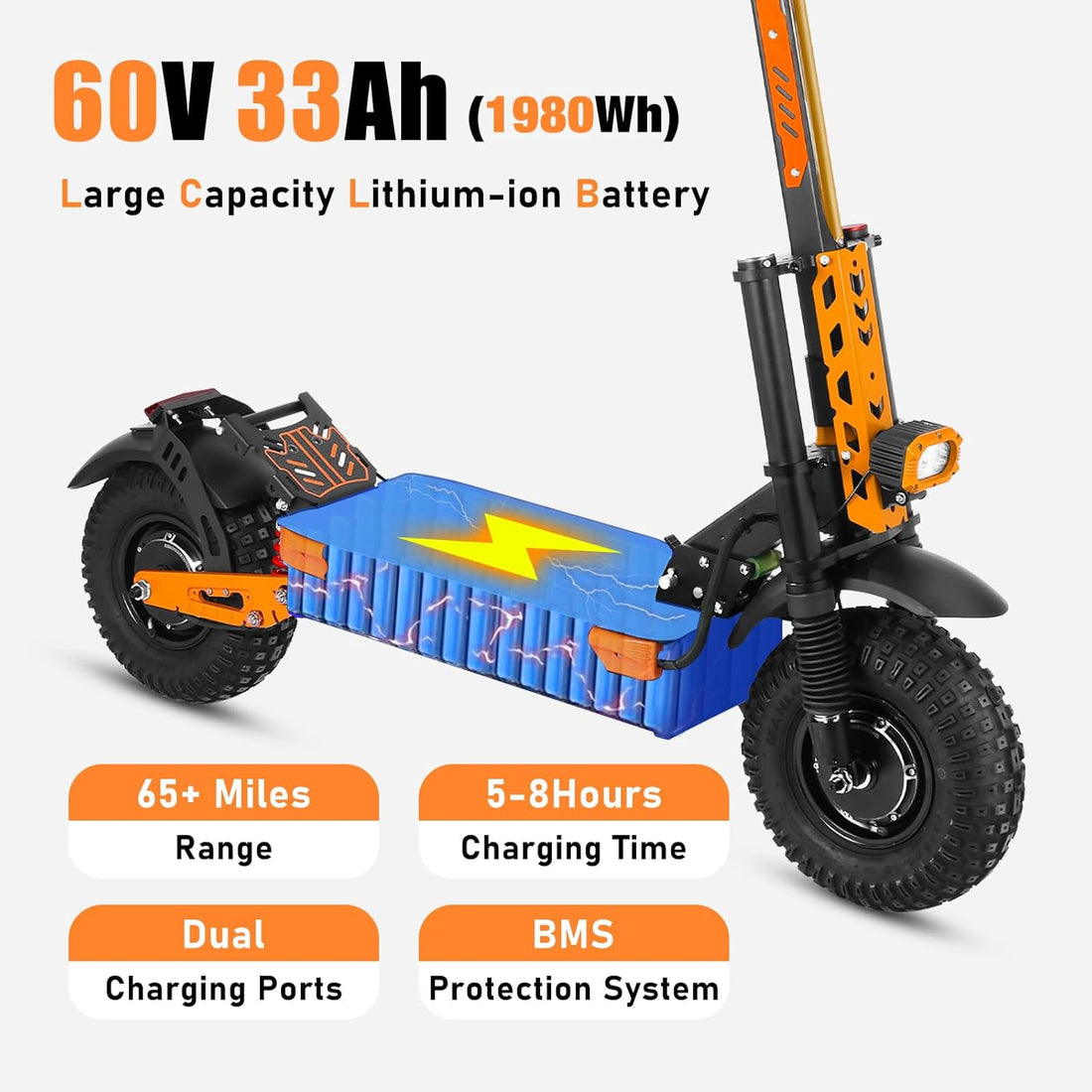 5600W Up to 52MPH,60V 33Ah Battery 65+ Miles Range 13" All-terrain Tires Electric Scooter Adults